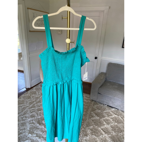 A.N.A. Teal Smocked Midi Dress 100% Cotton Ruffle Cottagecore Feminine Coastal - Picture 2 of 7